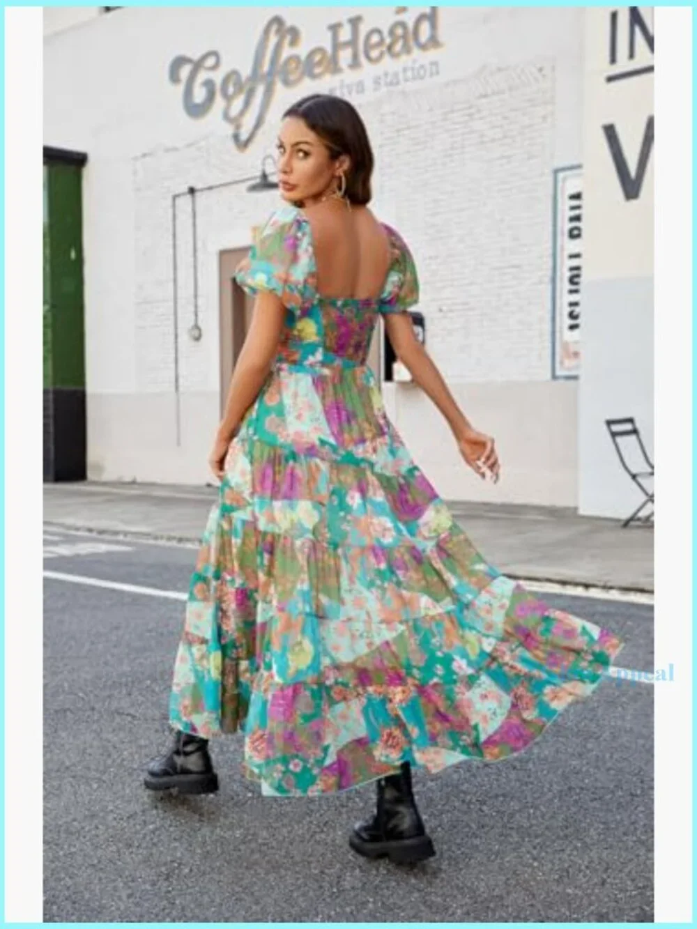 Floral Maxi Dress with Puff Sleeves Smocked Bodice Bohemian Summer - Picture 3 of 7